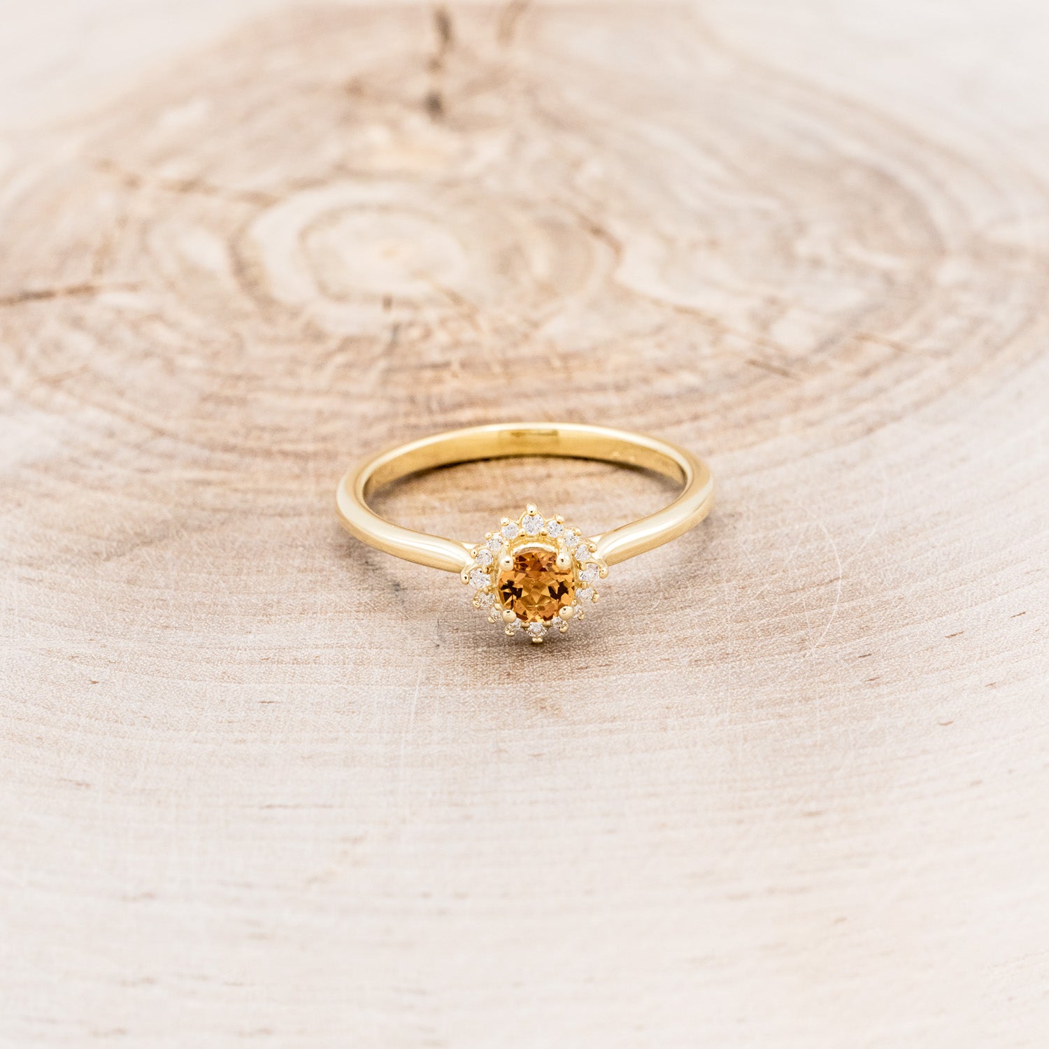 "Myall" - Round Cut Citrine Dainty Engagement Ring With Diamond Halos - 14K Yellow Gold - Size 6