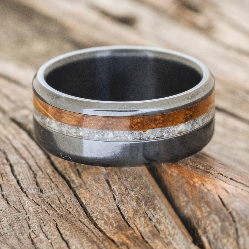 "CASTOR" - GRANITE & WHISKEY BARREL OAK WEDDING RING-3
