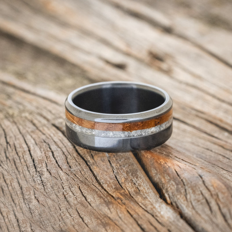 "CASTOR" - GRANITE & WHISKEY BARREL OAK WEDDING RING - BLACK ZIRCONIUM - SIZE 8 1/2-3