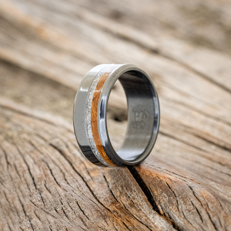 "CASTOR" - GRANITE & WHISKEY BARREL OAK WEDDING RING - BLACK ZIRCONIUM - SIZE 8 1/2-1