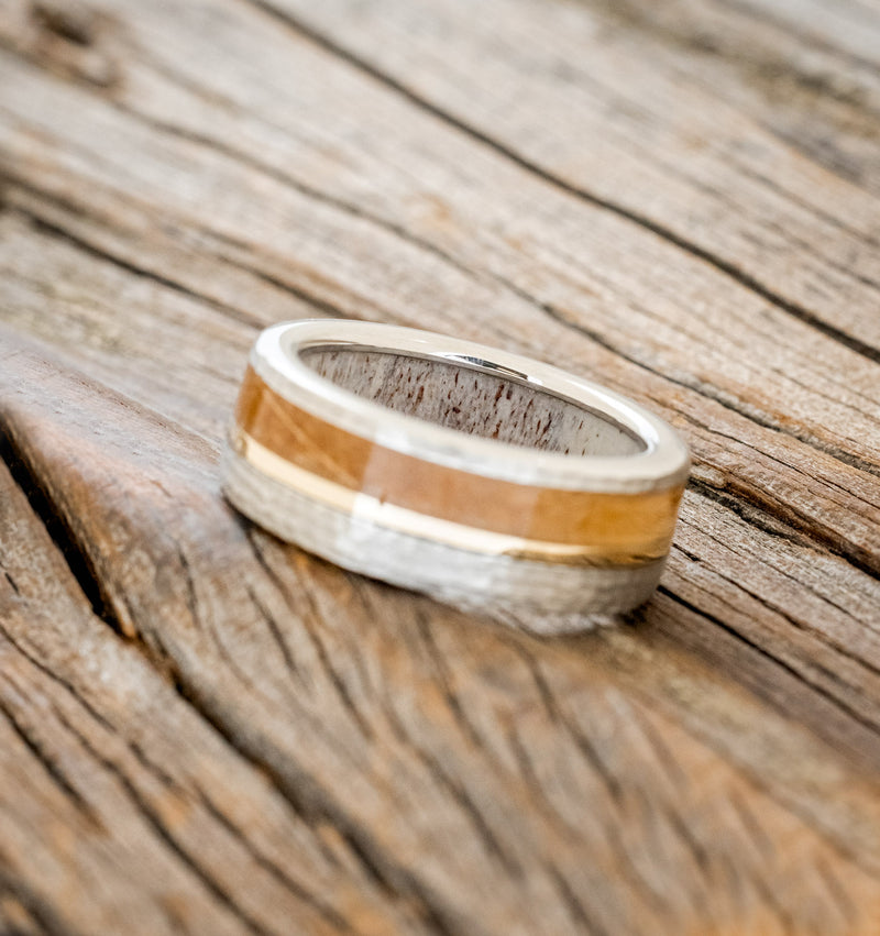 "TANNER" - WHISKEY BARREL OAK & 14K GOLD INLAY WEDDING BAND WITH ANTLER LINING & A HAMMERED FINISH