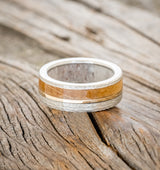 "TANNER" - WHISKEY BARREL OAK & 14K GOLD INLAY WEDDING BAND WITH ANTLER LINING & A HAMMERED FINISH