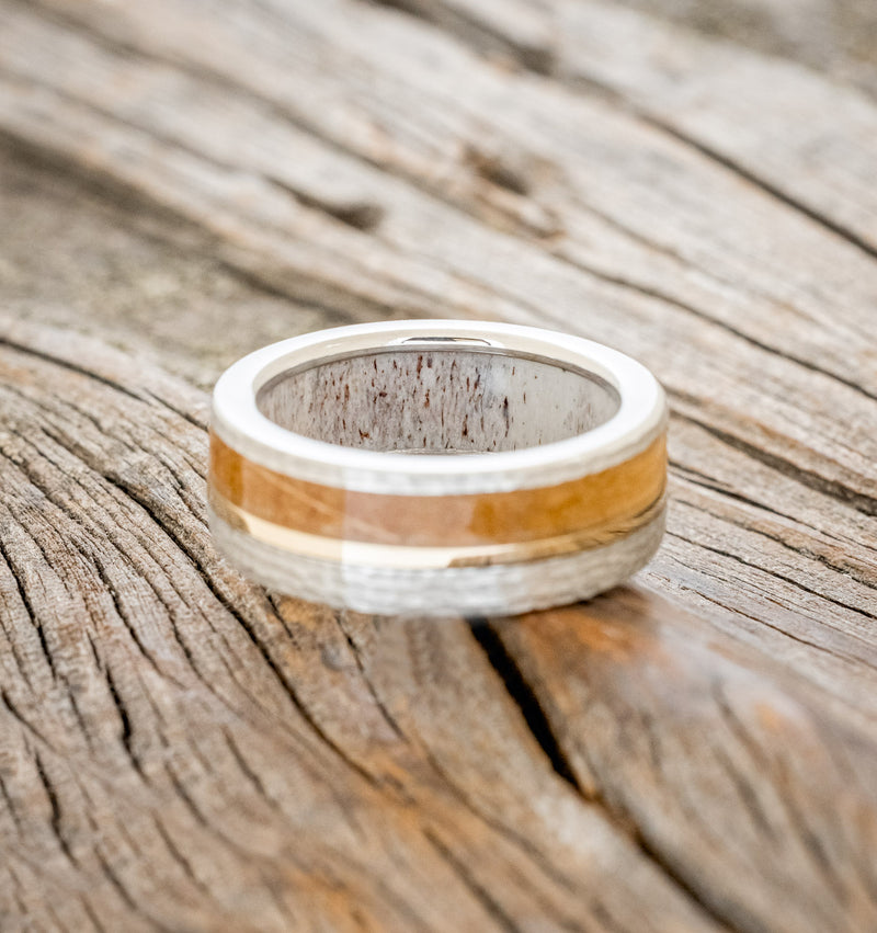 "TANNER" - WHISKEY BARREL OAK & 14K GOLD INLAY WEDDING BAND WITH ANTLER LINING & A HAMMERED FINISH