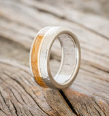 "TANNER" - WHISKEY BARREL OAK & 14K GOLD INLAY WEDDING BAND WITH ANTLER LINING & A HAMMERED FINISH