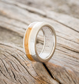 "TANNER" - WHISKEY BARREL OAK & 14K GOLD INLAY WEDDING BAND WITH ANTLER LINING & A HAMMERED FINISH