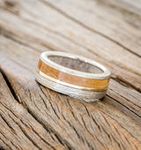 "TANNER" - WHISKEY BARREL OAK & 14K GOLD INLAY WEDDING BAND WITH ANTLER LINING & A HAMMERED FINISH