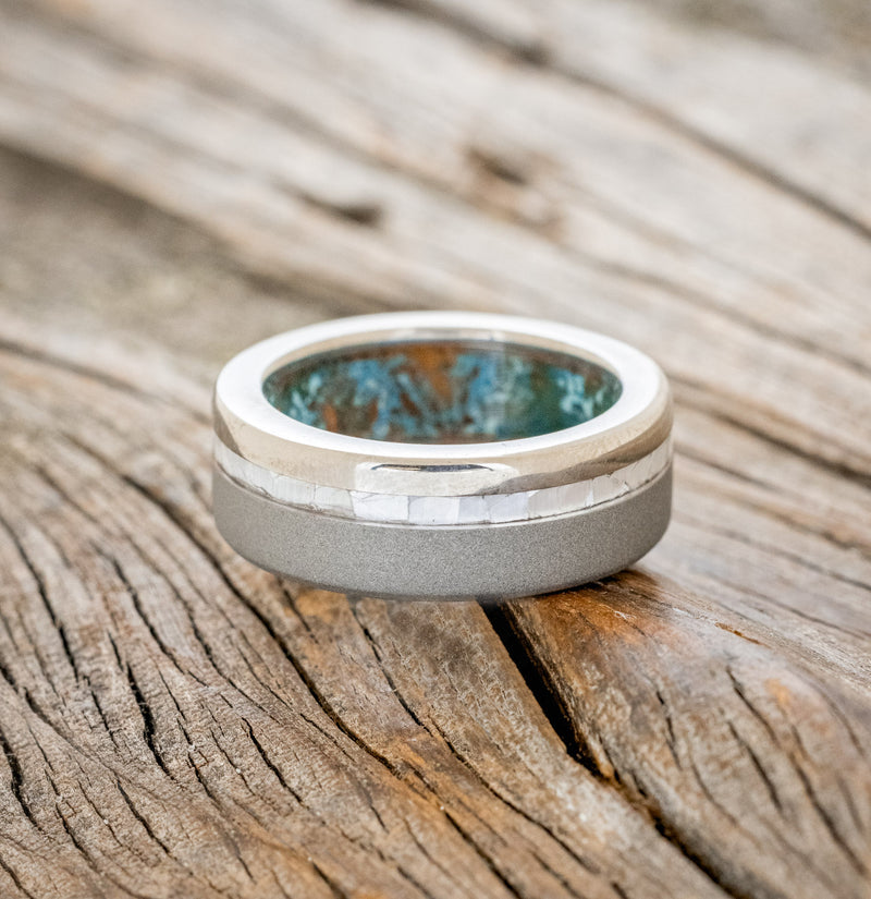 "VERTIGO" - MOTHER OF PEARL WEDDING RING WITH PATINA COPPER LINING FEATURING A SANDBLASTED FINISH