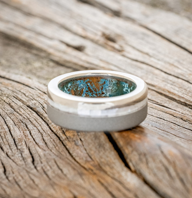 "VERTIGO" - MOTHER OF PEARL WEDDING RING WITH PATINA COPPER LINING FEATURING A SANDBLASTED FINISH