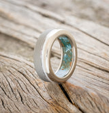 "VERTIGO" - MOTHER OF PEARL WEDDING RING WITH PATINA COPPER LINING FEATURING A SANDBLASTED FINISH