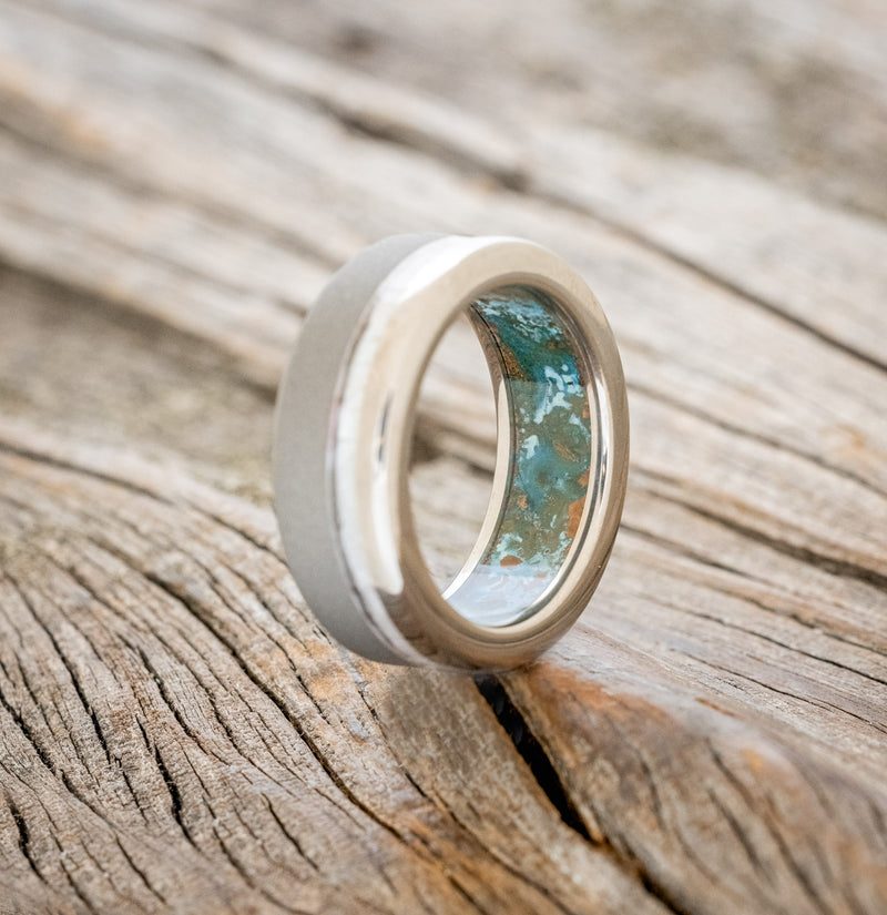 "VERTIGO" - MOTHER OF PEARL WEDDING RING WITH PATINA COPPER LINING FEATURING A SANDBLASTED FINISH-4