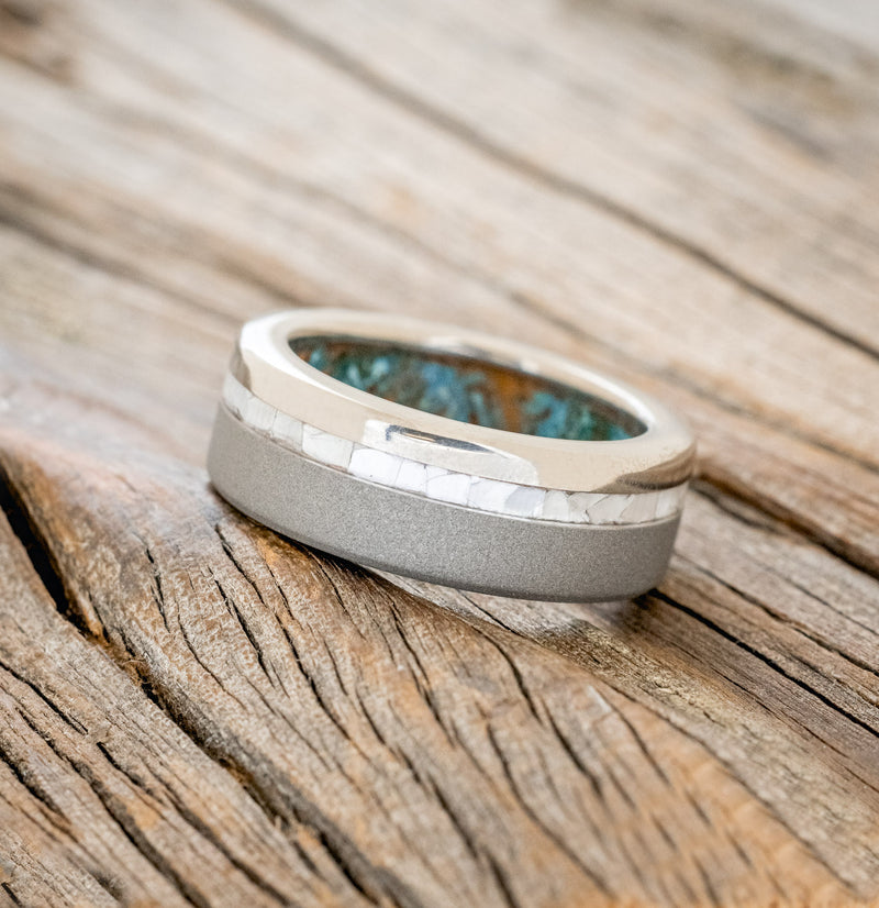 "VERTIGO" - MOTHER OF PEARL WEDDING RING WITH PATINA COPPER LINING FEATURING A SANDBLASTED FINISH - TITANIUM - SIZE 8 1/4-3