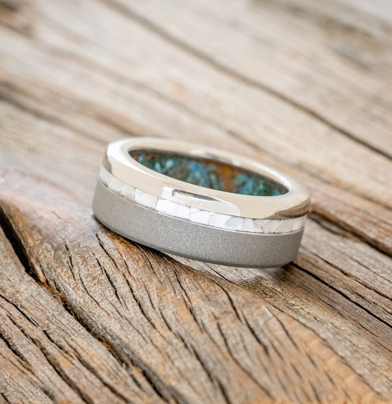 "VERTIGO" - MOTHER OF PEARL WEDDING RING WITH PATINA COPPER LINING FEATURING A SANDBLASTED FINISH