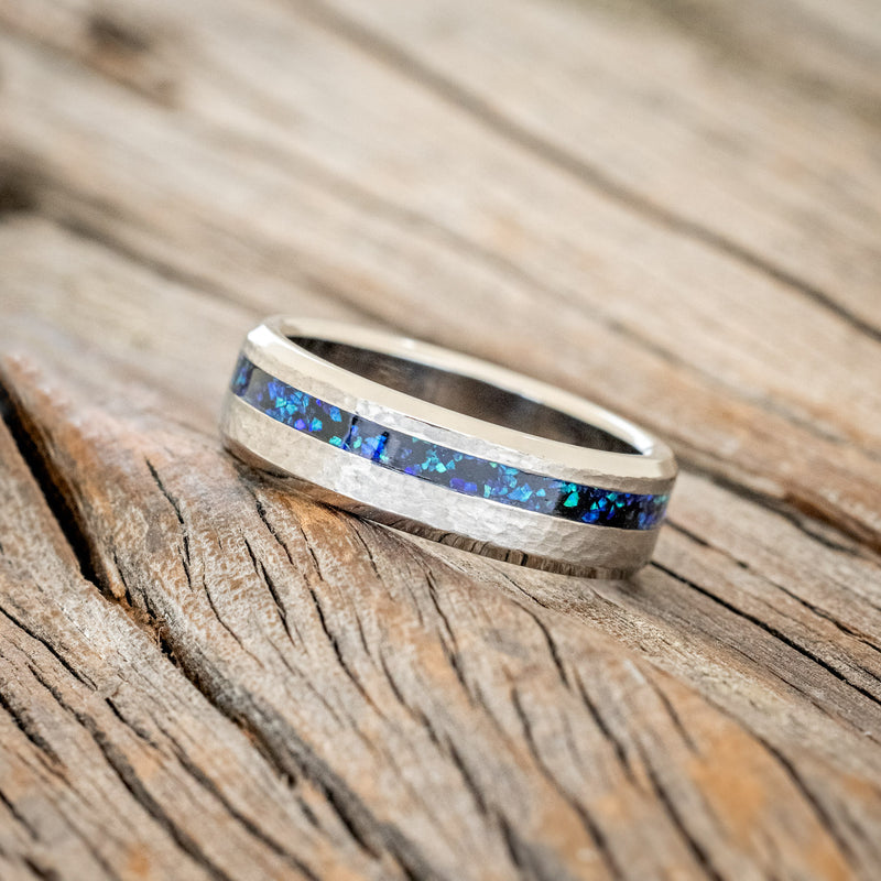 "VERTIGO" - JET STONE & BLACK EMERALD OPAL WEDDING BAND WITH A HAMMERED FINISH-2