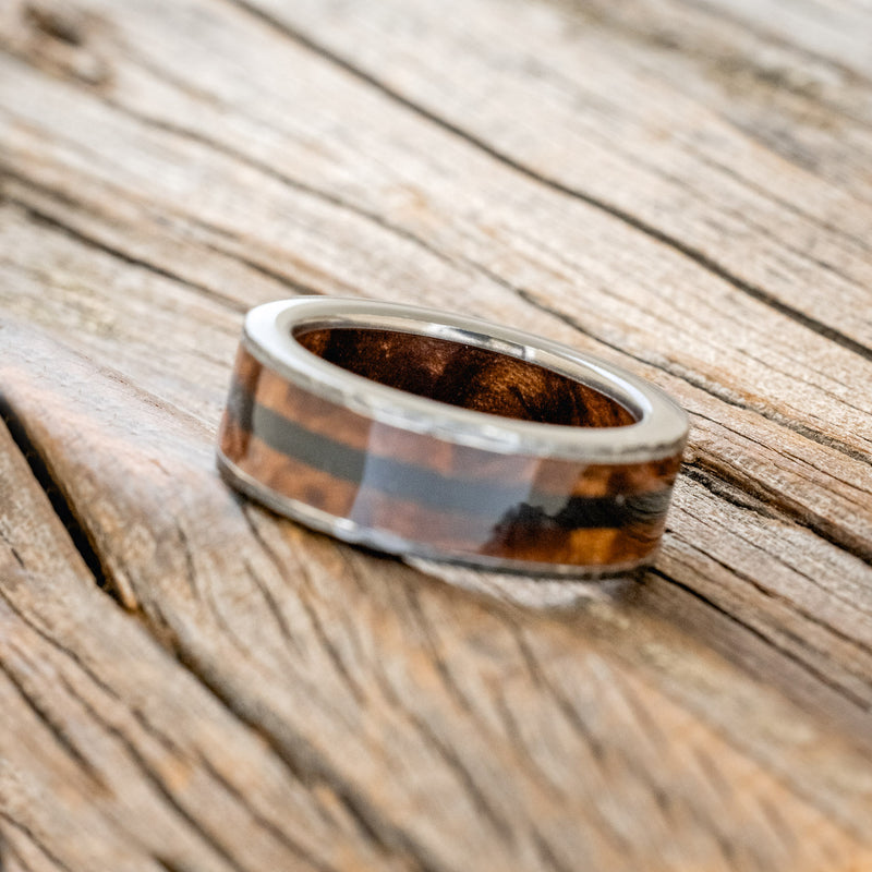 "RAINIER" - REDWOOD INLAY AND LINING WEDDING RING WITH JET STONE & HAMMERED FINISH-11