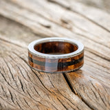 "RAINIER" - REDWOOD INLAY AND LINING WEDDING RING WITH JET STONE & HAMMERED FINISH-9