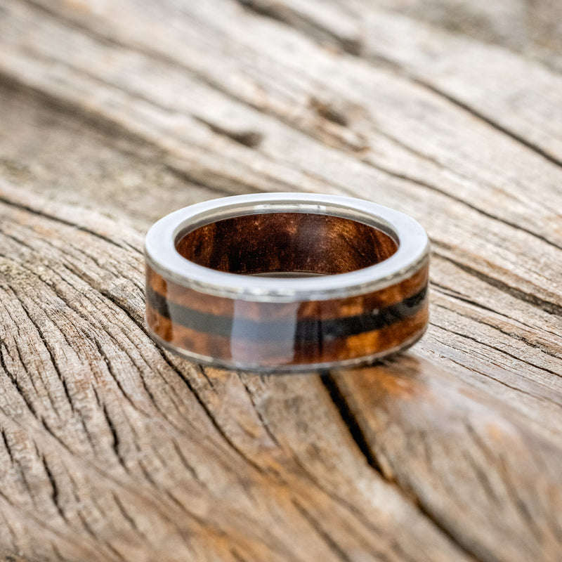 "RAINIER" - REDWOOD INLAY AND LINING WEDDING RING WITH JET STONE & HAMMERED FINISH
