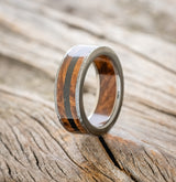 "RAINIER" - REDWOOD INLAY AND LINING WEDDING RING WITH JET STONE & HAMMERED FINISH-7