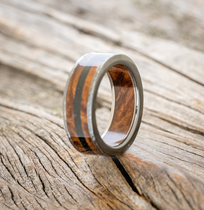 "RAINIER" - REDWOOD INLAY AND LINING WEDDING RING WITH JET STONE & HAMMERED FINISH-10