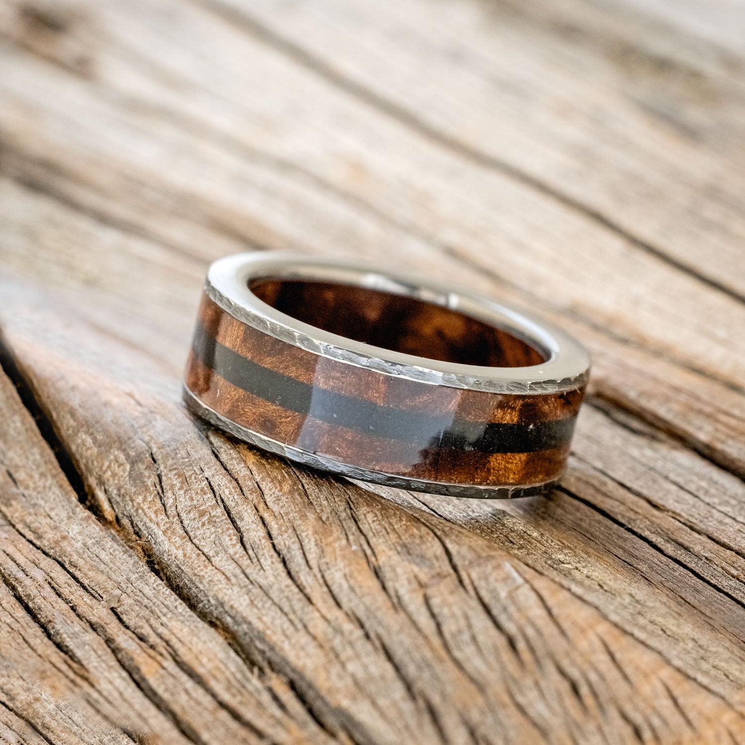 "RAINIER" - REDWOOD INLAY AND LINING WEDDING RING WITH JET STONE & HAMMERED FINISH-8