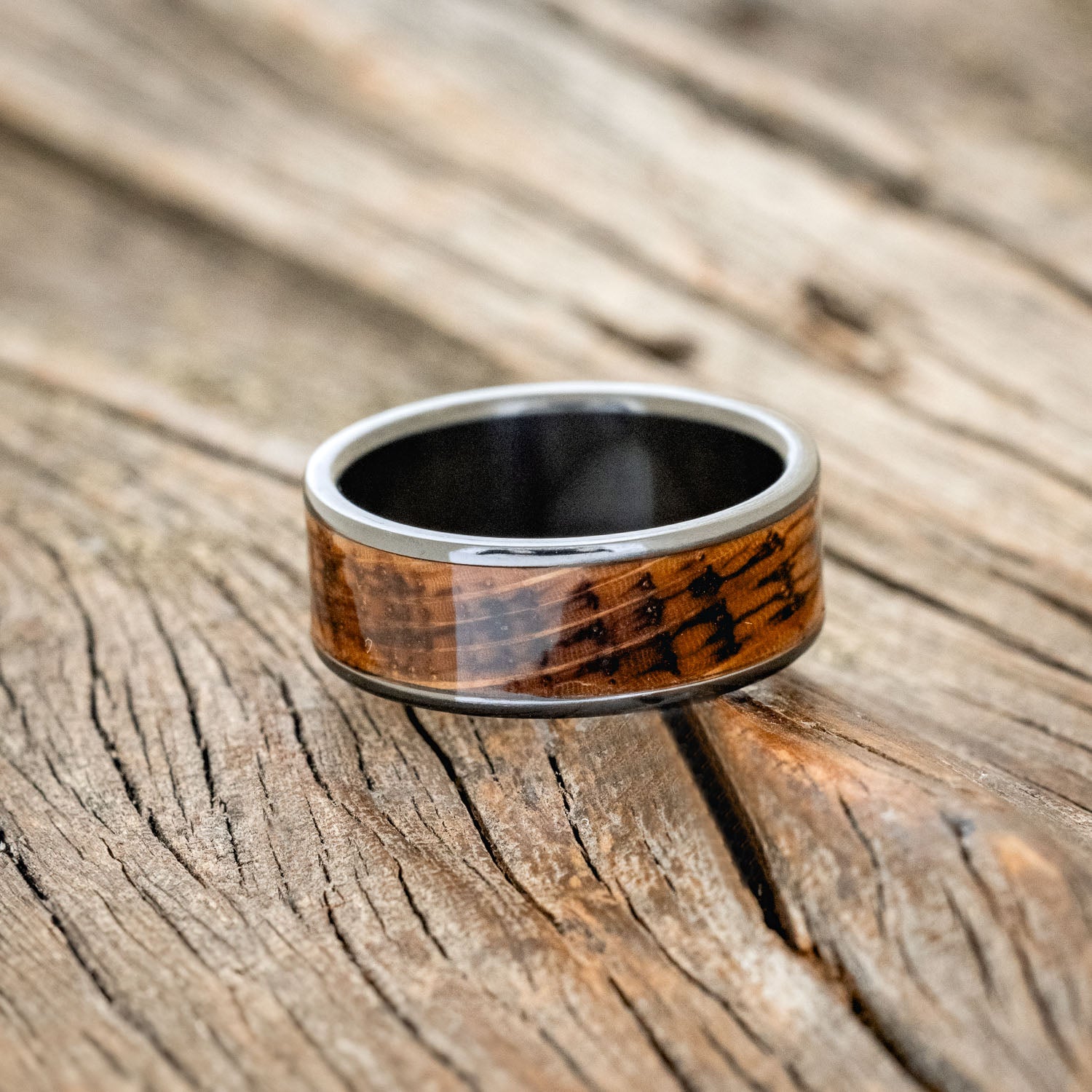 "RAINIER" - CHARRED WHISKEY BARREL OAK WEDDING RING-3