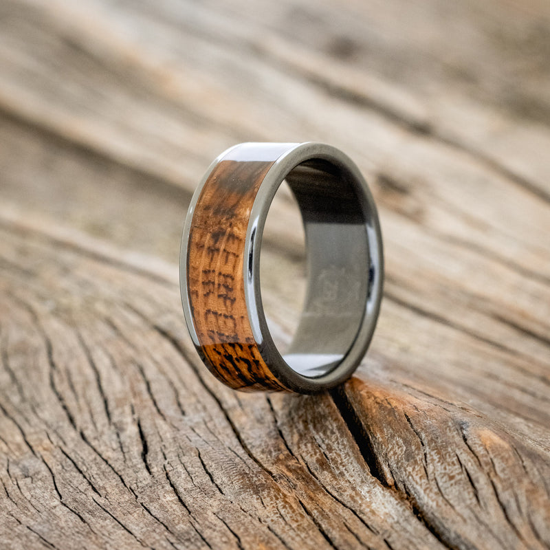 "RAINIER" - CHARRED WHISKEY BARREL OAK WEDDING RING - BLACK ZIRCONIUM - SIZE 9 1/2-1