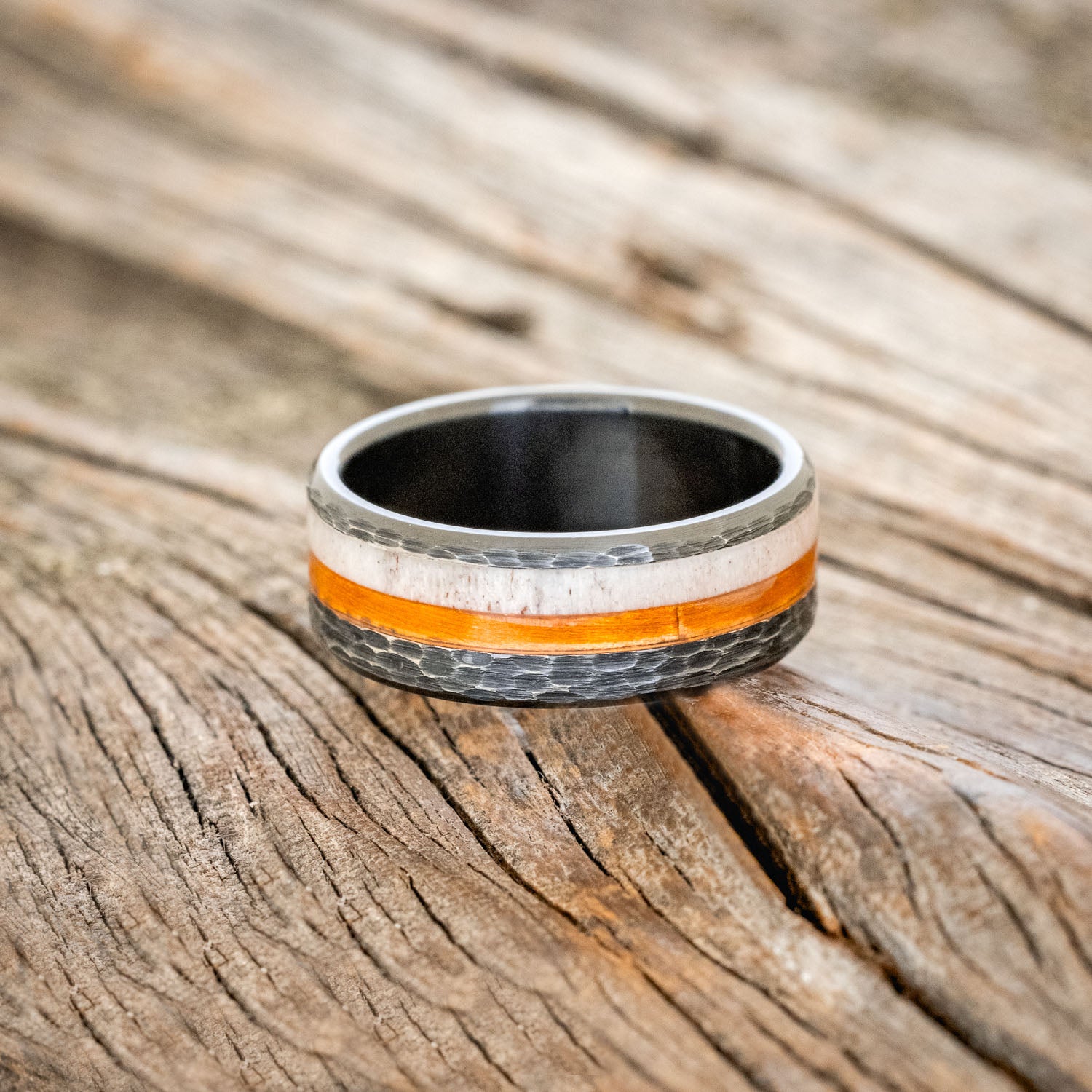 "CASTOR" - ANTLER & COPPER INLAY WEDDING RING FEATURING A HAMMERED FINISH-3