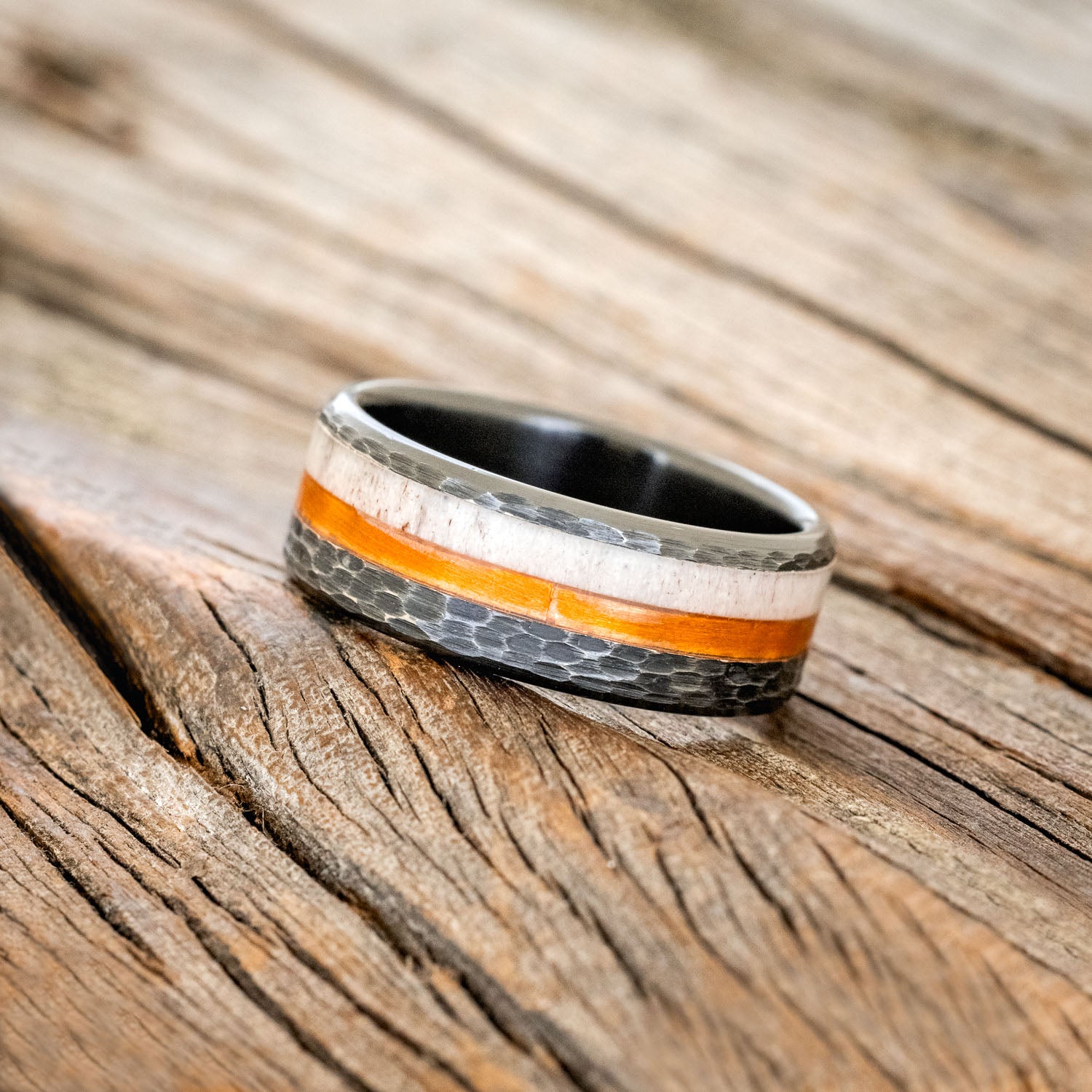 "CASTOR" - ANTLER & COPPER INLAY WEDDING RING FEATURING A HAMMERED FINISH-2