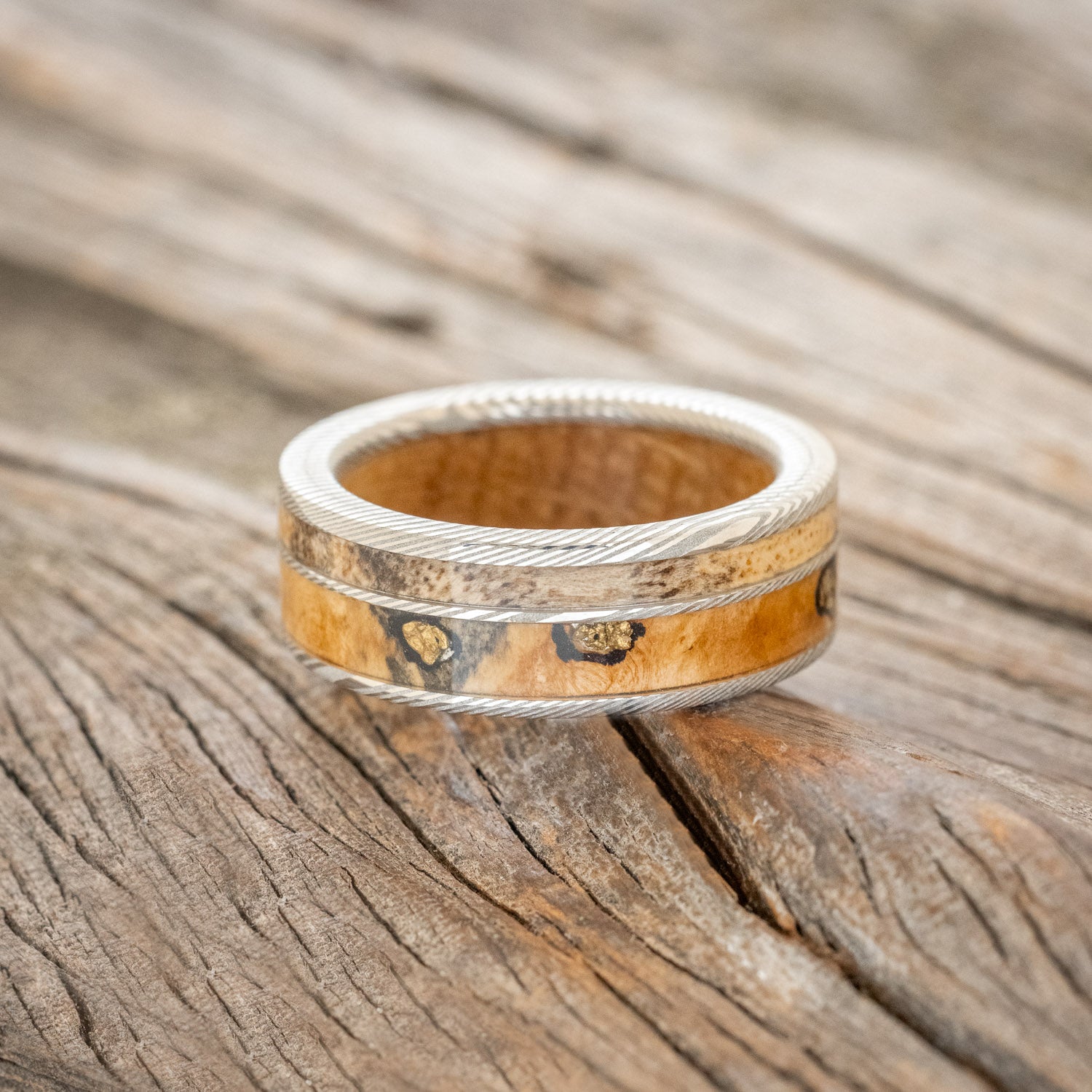 "RAPTOR" - WHISKEY BARREL LINED WEDDING RING WITH GOLD NUGGETS IN BUCKEYE BURL WOOD & A SPALTED MAPLE INLAY-15