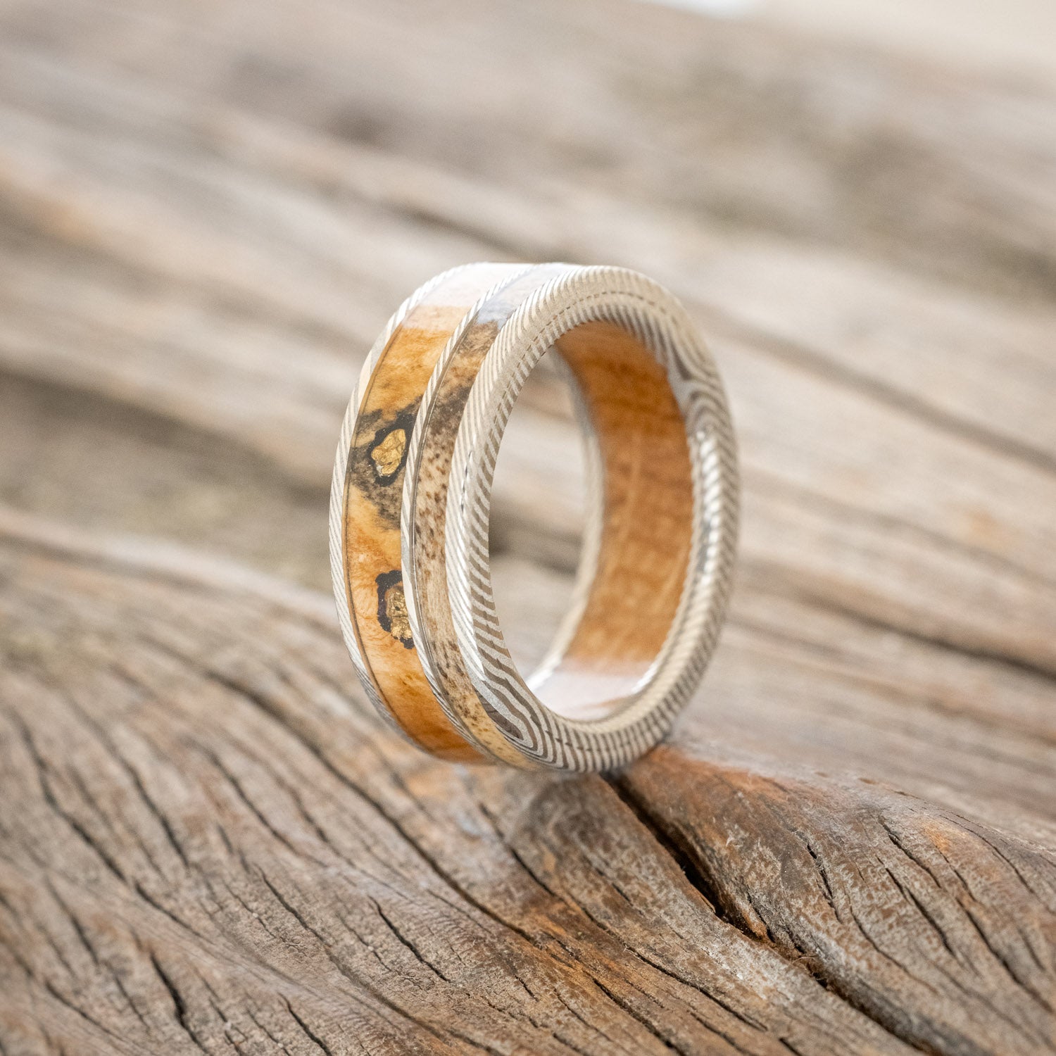 "RAPTOR" - WHISKEY BARREL LINED WEDDING RING WITH GOLD NUGGETS IN BUCKEYE BURL WOOD & A SPALTED MAPLE INLAY-13