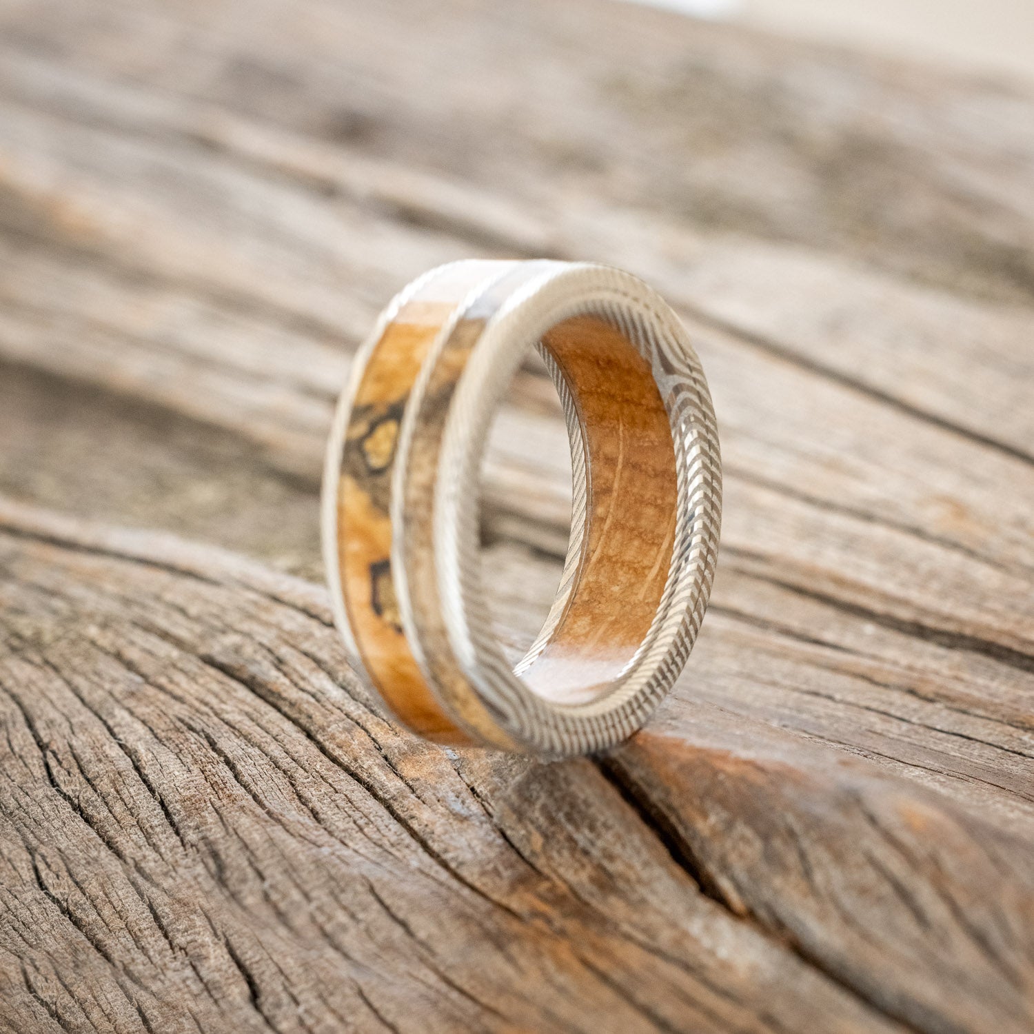 "RAPTOR" - WHISKEY BARREL LINED WEDDING RING WITH GOLD NUGGETS IN BUCKEYE BURL WOOD & A SPALTED MAPLE INLAY-16