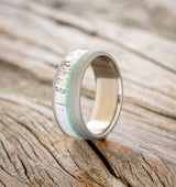 "TANNER" - MALACHITE & ANTLER WEDDING BAND WITH A SANDBLASTED FINISH - TITANIUM - SIZE 9 1/4-1