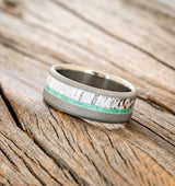 "TANNER" - MALACHITE & ANTLER WEDDING BAND WITH A SANDBLASTED FINISH - TITANIUM - SIZE 9 1/4-2