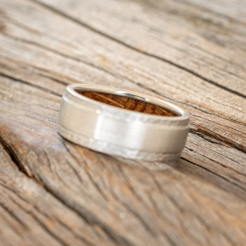 "SEDONA" - WHISKEY BARREL LINED WEDDING RING WITH HAMMERED EDGES & BRUSHED CENTER-5