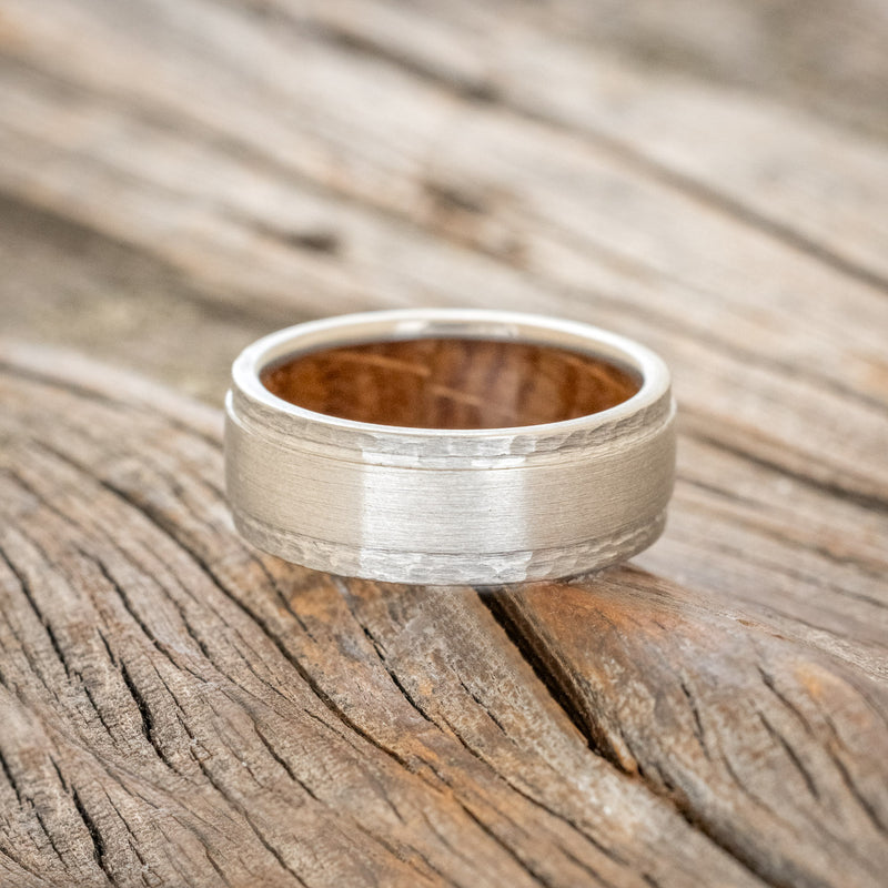 "SEDONA" - WHISKEY BARREL LINED WEDDING RING WITH HAMMERED EDGES & BRUSHED CENTER-3