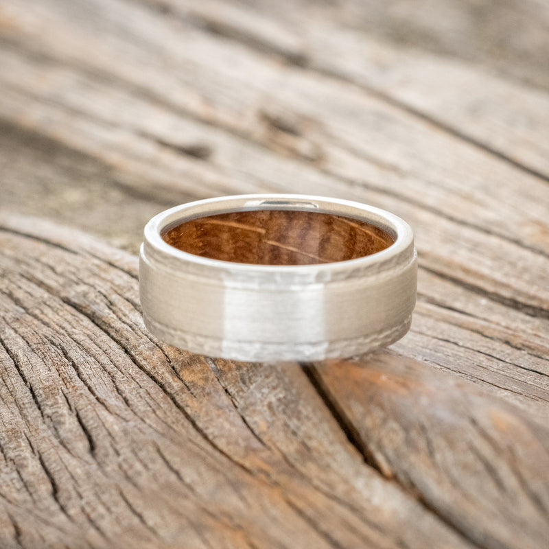 "SEDONA" - WHISKEY BARREL LINED WEDDING RING WITH HAMMERED EDGES & BRUSHED CENTER-6