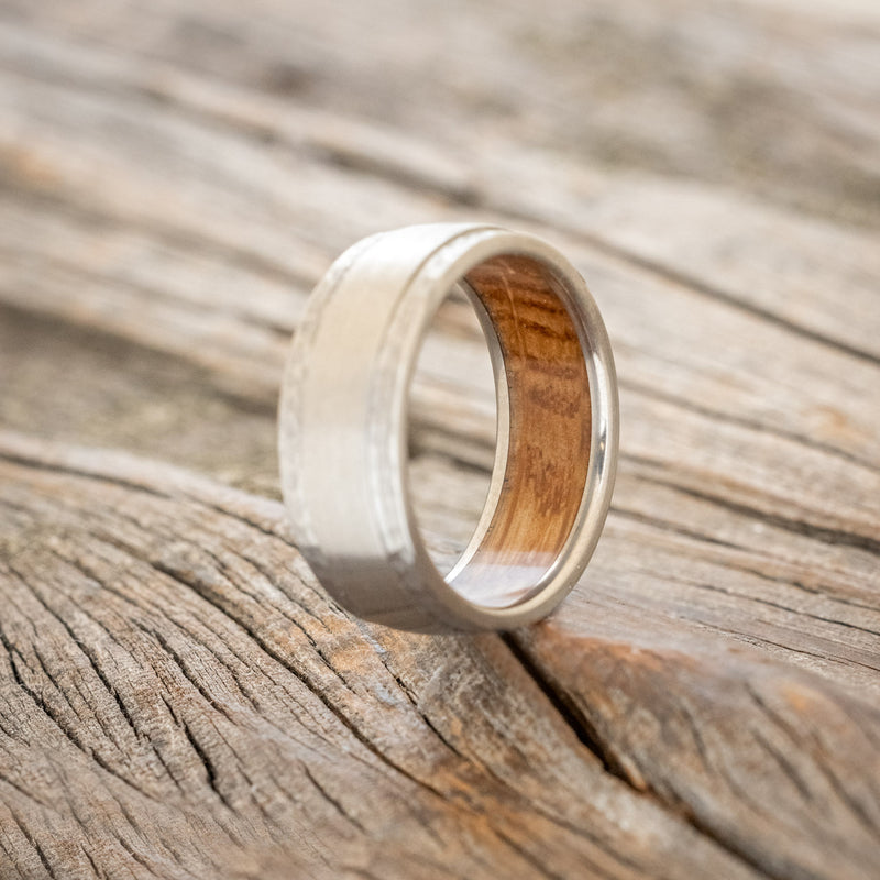 "SEDONA" - WHISKEY BARREL LINED WEDDING RING WITH HAMMERED EDGES & BRUSHED CENTER-4