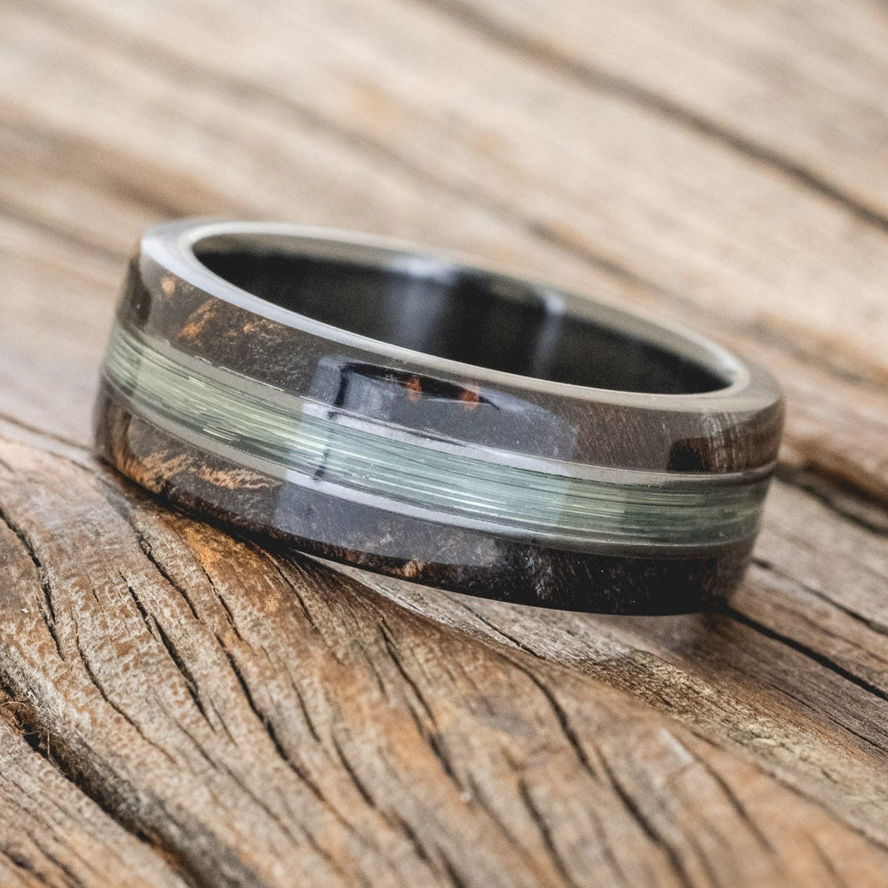 "GLEN" - BUCKEYE BURL WOOD & FISHING LINE WEDDING BAND-5