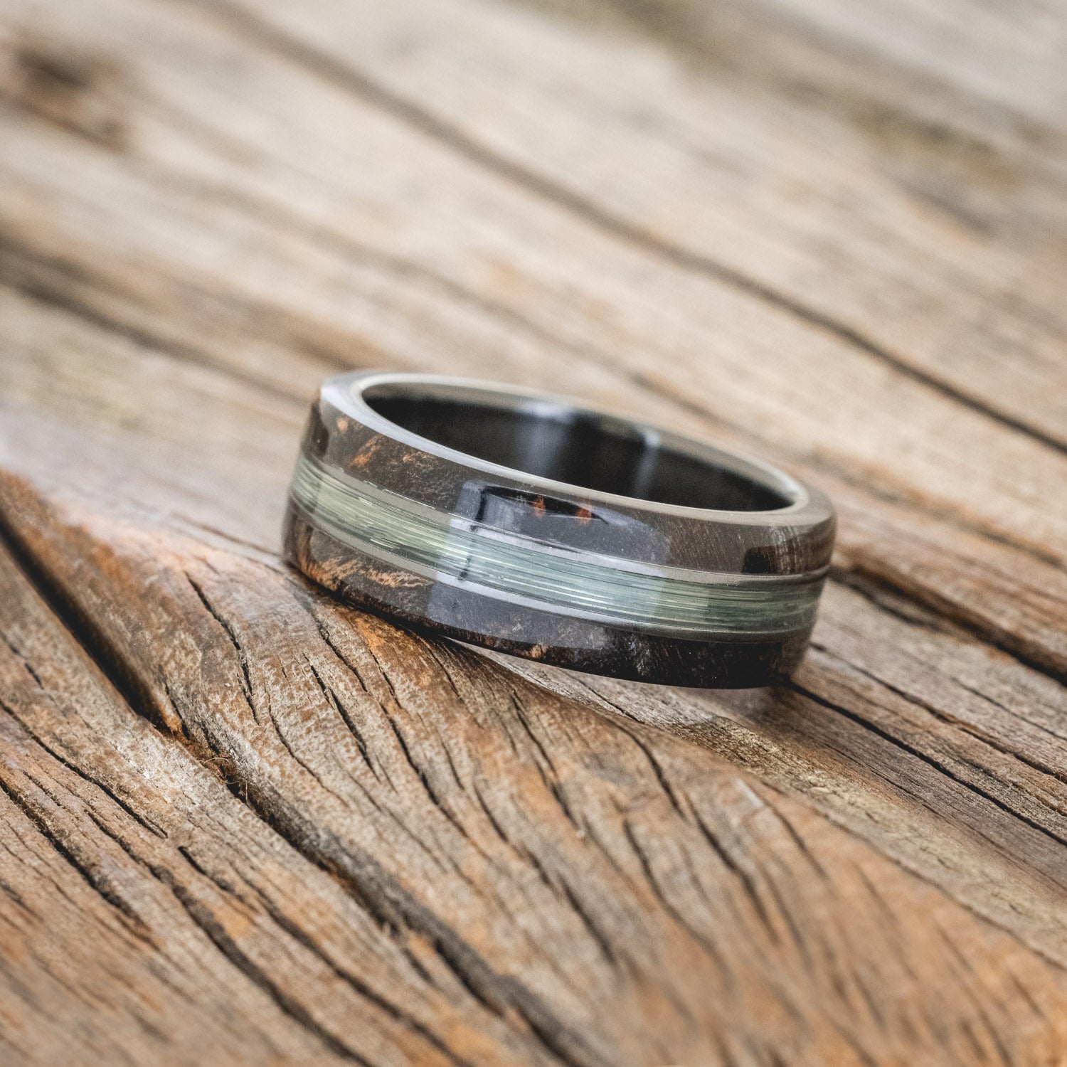"GLEN" - BUCKEYE BURL WOOD & FISHING LINE WEDDING BAND-5