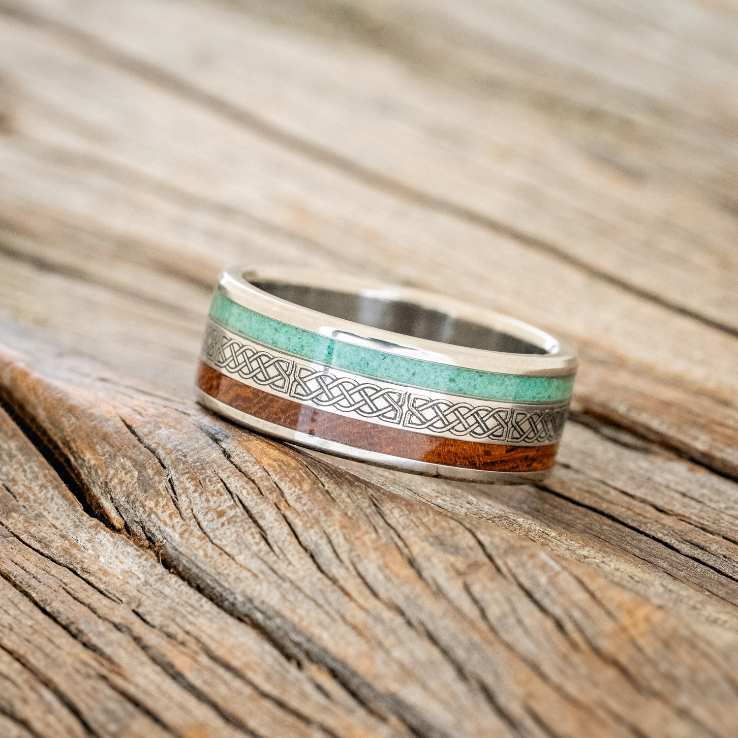 "RYDER" - CELTIC SAILOR'S KNOT ENGRAVED, MALACHITE & IRONWOOD WEDDING RING-2