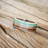 "RYDER" - CELTIC SAILOR'S KNOT ENGRAVED, MALACHITE & IRONWOOD WEDDING RING - TITANIUM - SIZE 9 3/4-2