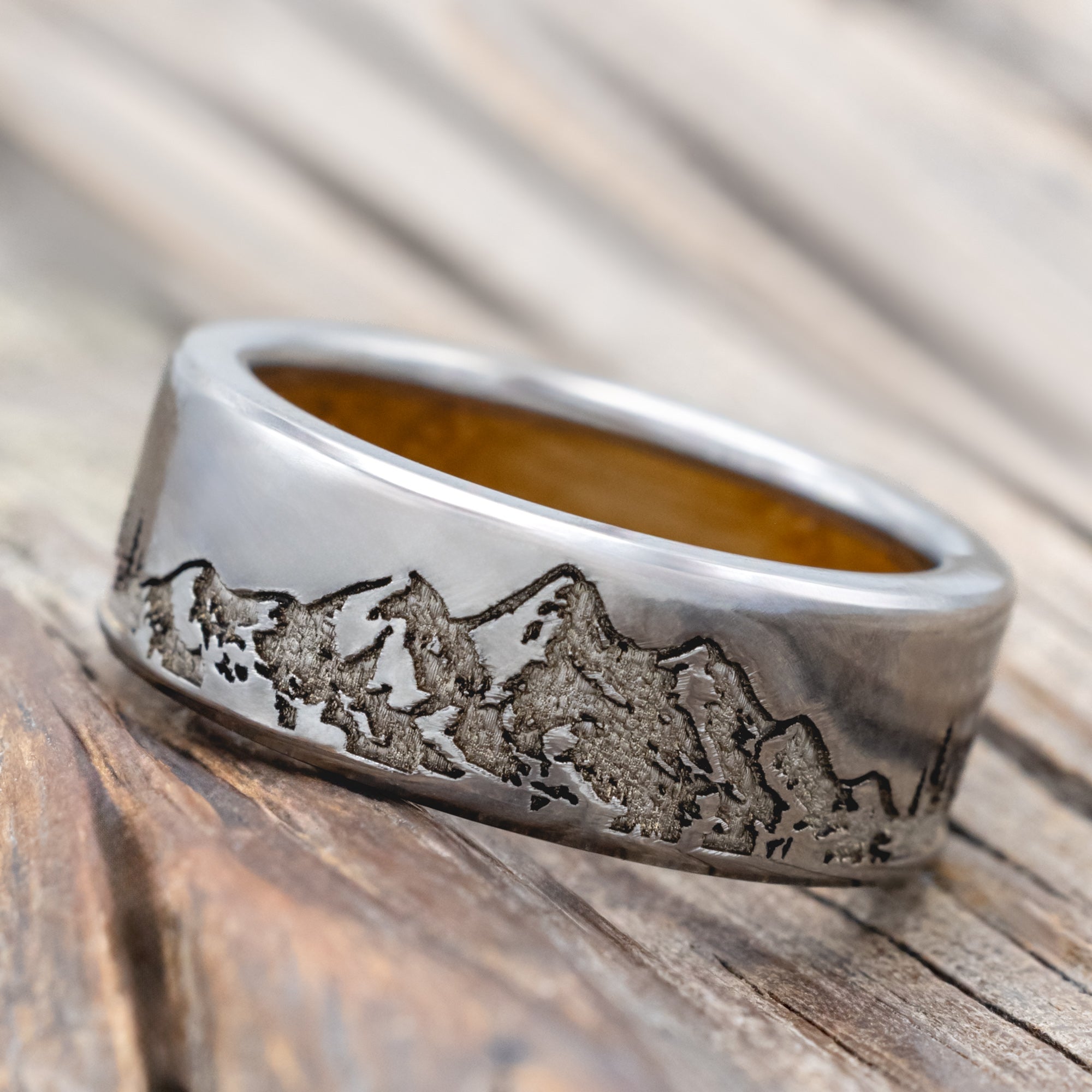 "Ross" - Mountain & Forest Engraved Wedding Band With Custom Lining