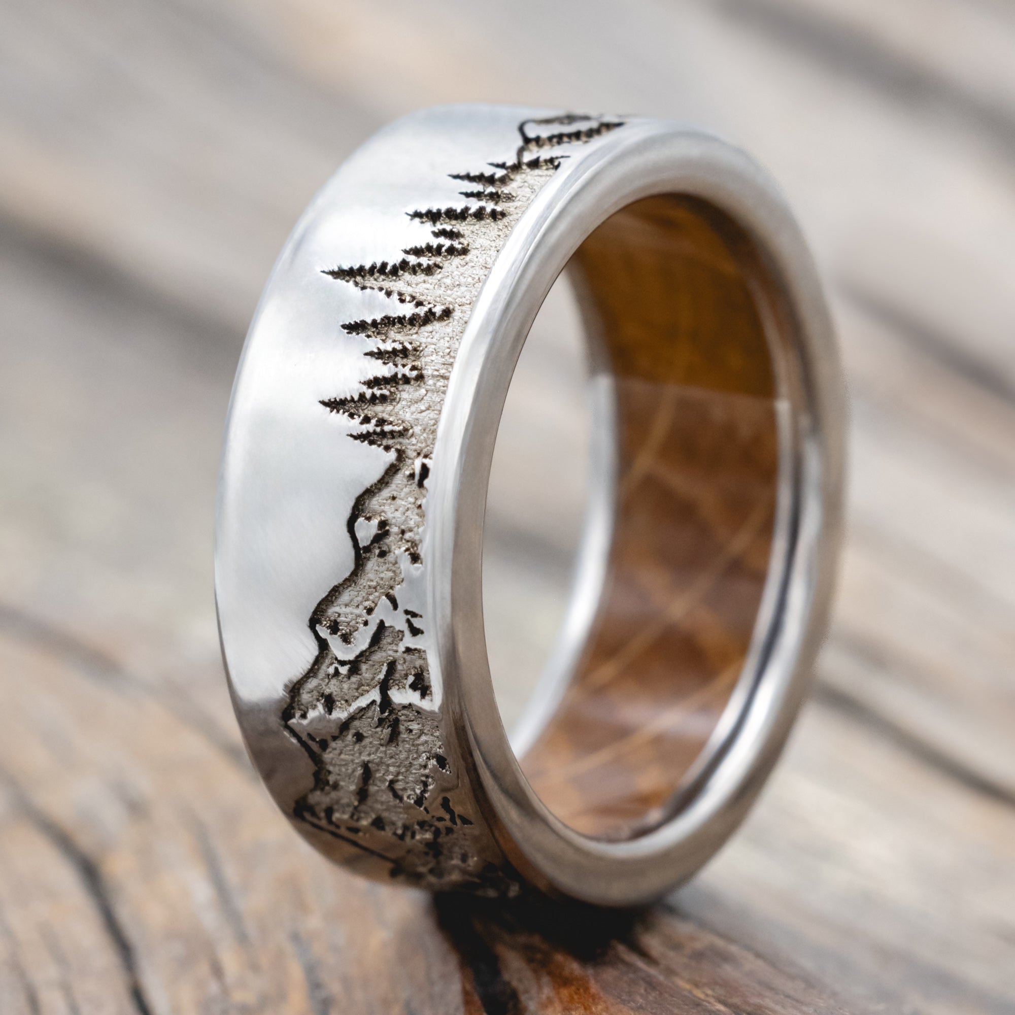 "Ross" - Mountain & Forest Engraved Wedding Band With Custom Lining