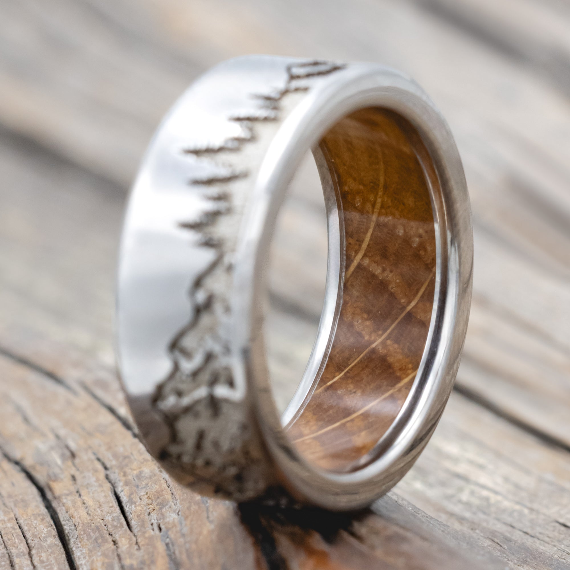 "Ross" - Mountain & Forest Engraved Wedding Band With Custom Lining