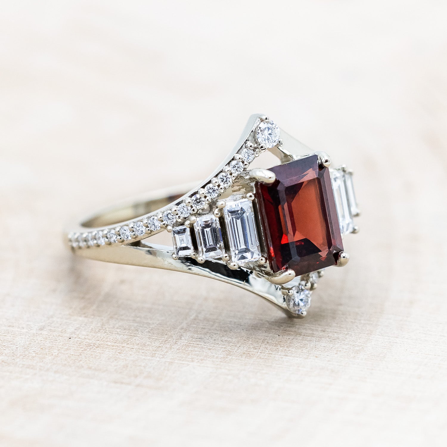 "ATHENA" - EMERALD CUT MOZAMBIQUE GARNET ENGAGEMENT RING WITH DIAMOND ACCENTS-Staghead Designs