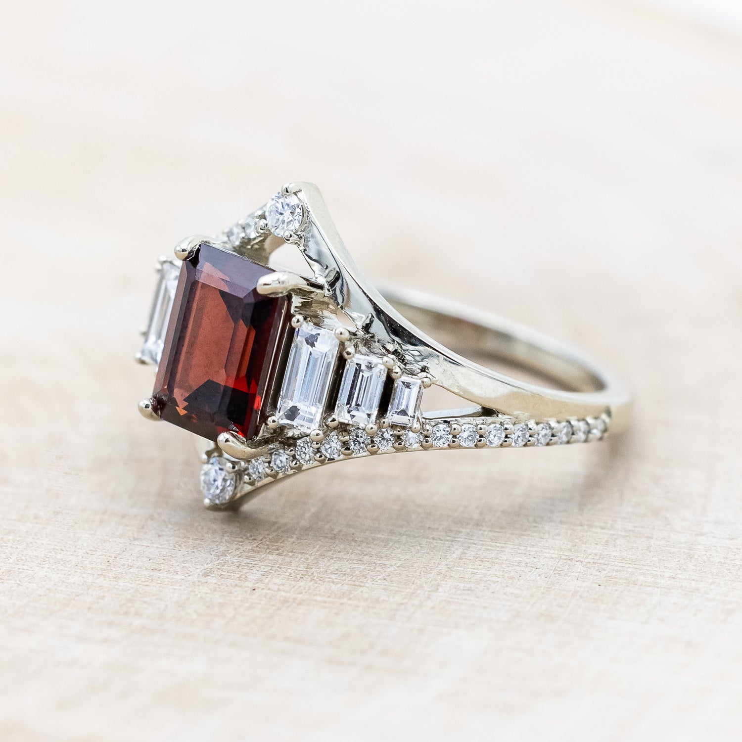 "ATHENA" - EMERALD CUT MOZAMBIQUE GARNET ENGAGEMENT RING WITH DIAMOND ACCENTS-Staghead Designs