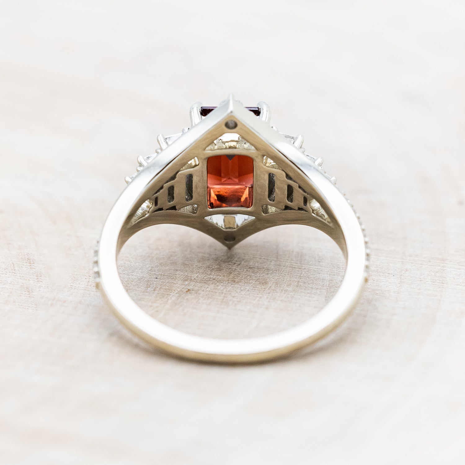 "ATHENA" - EMERALD CUT MOZAMBIQUE GARNET ENGAGEMENT RING WITH DIAMOND ACCENTS-Staghead Designs