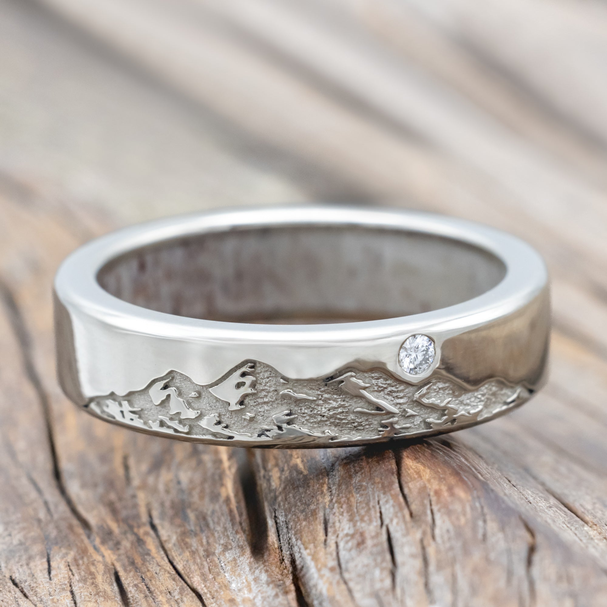 "Horizon" - Mountain Engraved Wedding Band With Custom Lining & Diamond Accent-Staghead Designs
