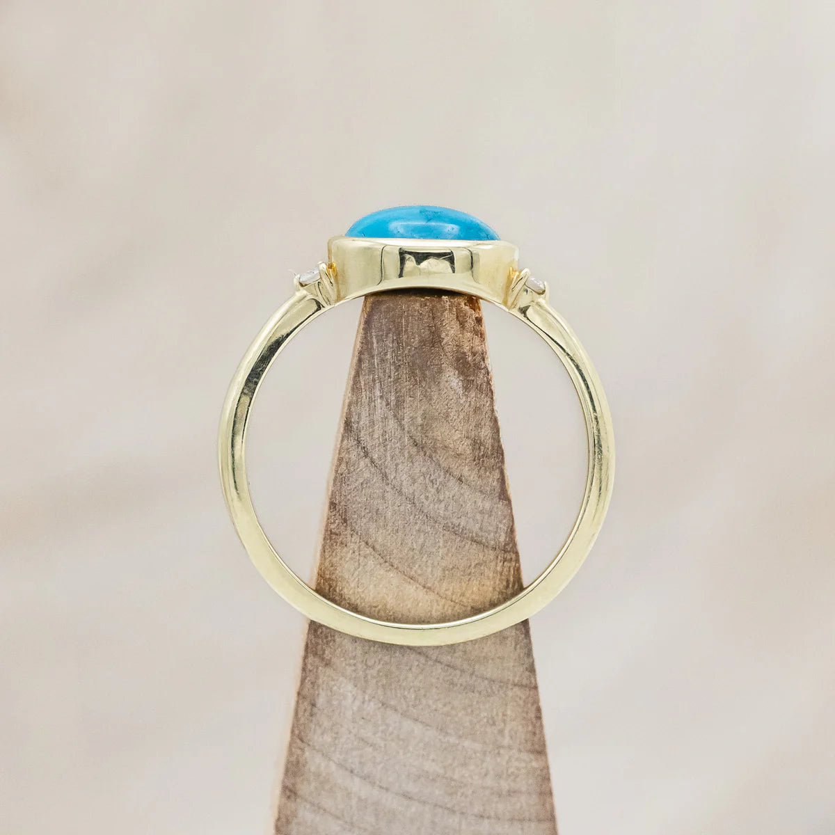 "SASI" - OVAL CABOCHON CUT TURQUOISE ENGAGEMENT RING WITH DIAMOND ACCENTS - 14K YELLOW GOLD - SIZE 6-Staghead Designs