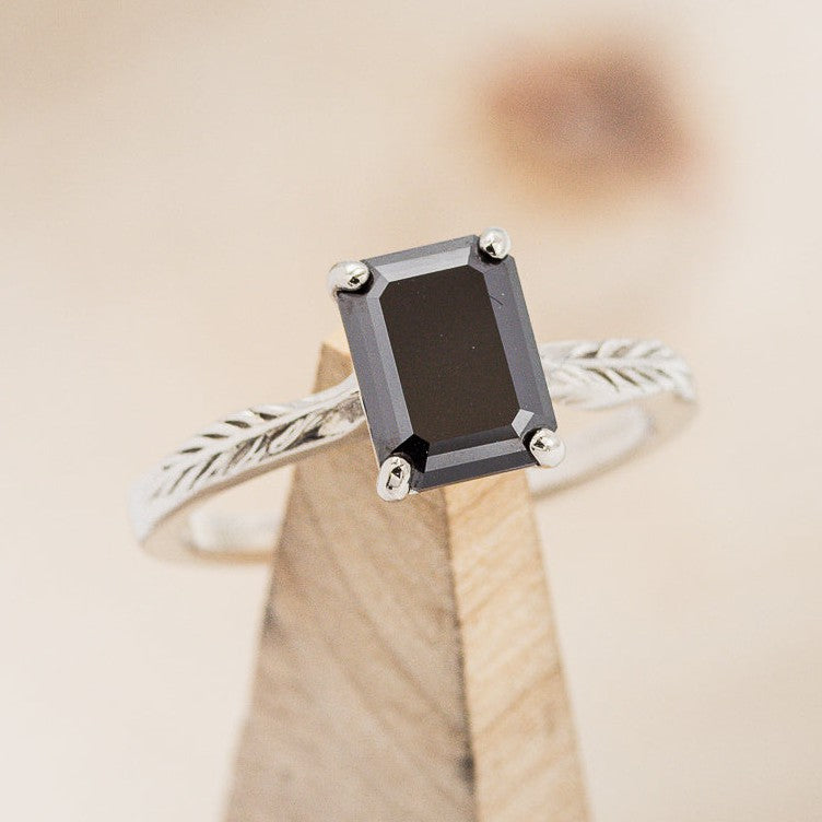 "HOPE" - EMERALD CUT MIDNIGHT BLACK MOISSANITE SOLITAIRE ENGAGEMENT RING WITH FEATHER ACCENTS-1