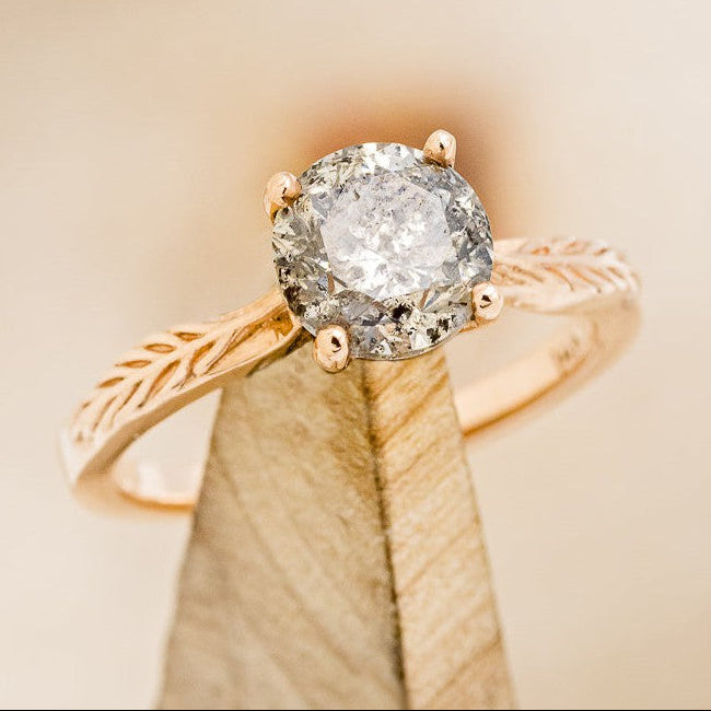 "HOPE" - ROUND CUT SALT & PEPPER DIAMOND SOLITAIRE ENGAGEMENT RING WITH FEATHER ACCENTS-1